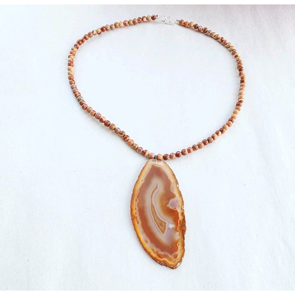 New Sterling 925 Agate Geode Rust Brown Jasper Necklace Goblin fairy Festival